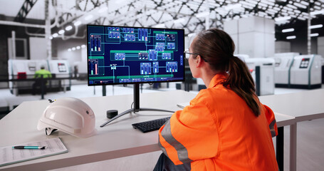 Skilled Woman Operates A SCADA Panel In A Factory. Using The System