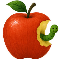 Worm in the Apple &ndash; Hand-drawn Colored Pencil Illustration