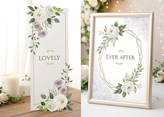 Elegant wedding welcome sign and framed seating chart adorned with delicate white and lavender floral arrangements and greenery