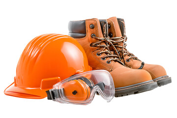 Construction safety gear including hard hat boots and goggles isolated on transparent background