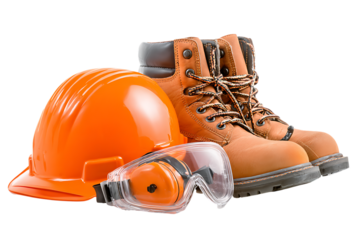 Construction safety gear including hard hat boots and goggles isolated on transparent background