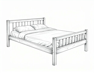 A detailed illustration of a wooden bed frame, complete with pillows and bedding, in a clean and simple style.
