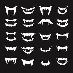 Vector silhouette set of Halloween Fake Vampire Teeth isolated in White background, silhouette Set, Halloween theme, Vector illustration