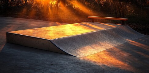 Skatepark Ramp Bathed in Golden Sunset Light
