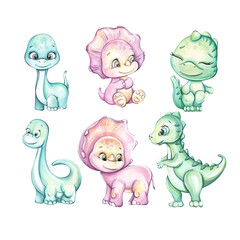 Watercolor cute baby dinosaur Dino family. Cartoon art for nursery, babyshower, decor, stickers, textile prints with historical animals