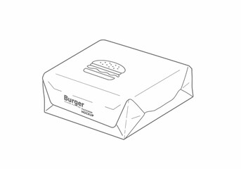 Lined drawing of a burger in a square package with a burger logo
