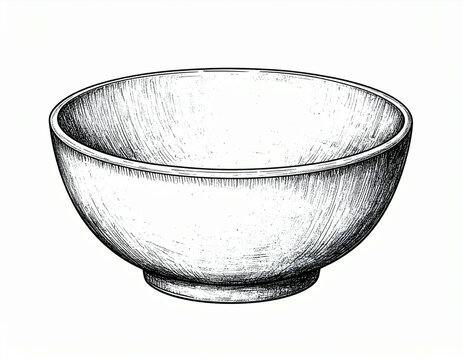 A hand-drawn illustration of an empty, shallow bowl.  The bowl is round and has a slightly flared rim.  The drawing style is detailed and realistic.