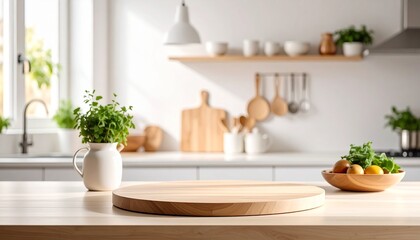 Bright modern kitchen with a round wooden board on the countertop. A perfect culinary background for product display.
