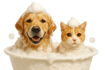 Golden retriever and red cat enjoying a playful bath filled with soap bubbles, creating a cheerful scene on a transparent background