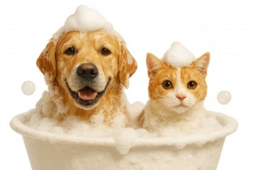 Golden retriever and red cat enjoying a playful bath filled with soap bubbles, creating a cheerful scene on a transparent background