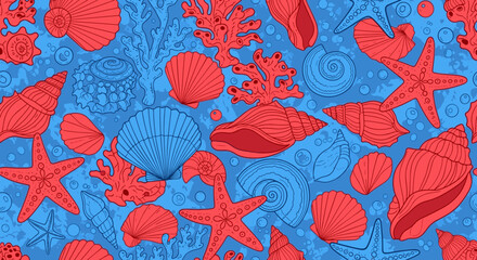 Naklejka premium Seamless pattern of red marine life on a vibrant blue ocean background featuring seashells starfish and corals