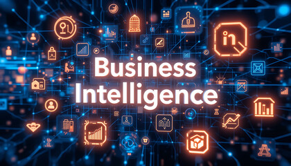 Fototapeta premium Comprehensive Business Intelligence and Advanced Analytics Visualization: Professional Digital Dashboard Interface with Strategic Data Insights, Performance Metrics, and Icon-Based Analytical Tools