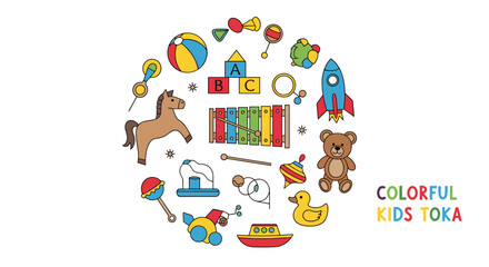 Fototapeta premium Collection of diverse playthings and entertainment items for young children discover the joyful world of play and imagination