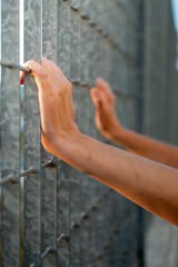 Vertical photo of human hands behind an iron fence. Selective focus. 