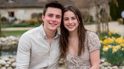 Fototapeta premium Smiling Couple in Garden Setting with Spring Flowers