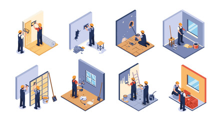 Home renovation and improvement services professionals undertaking various construction and repair tasks