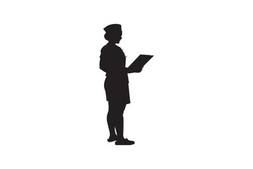 A focused female doctor or medical professional standing in profile holding a clipboard and reading information presented as a stark black silhouette against a white background 