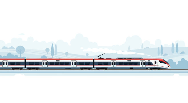 Modern train passing through the countryside against a stylized background