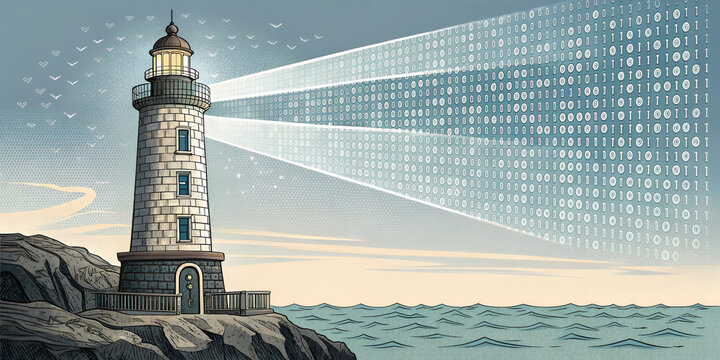 Lighthouse icon beaming binary code symbolizes digital guidance tech clarity and innovation