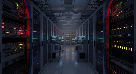 Naklejka premium colorful light server in the dark center room with computers and storage systems