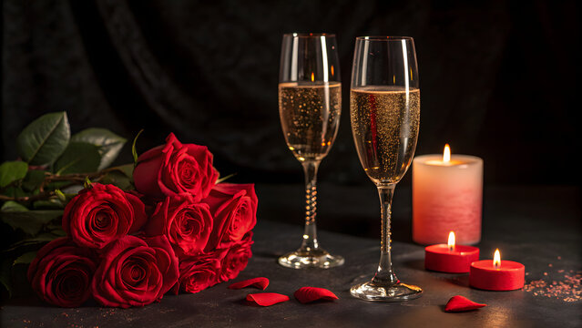 Romance and Celebration: Champagne flutes clink, their effervescence mirroring the glow of candlelight. Crimson roses cascade, their petals a soft counterpoint to the celebratory bubbles. 