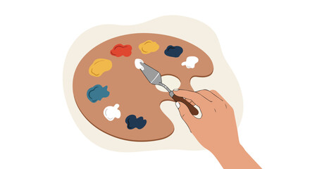 Art creation Hand using a palette knife and paint palette with colorful paints