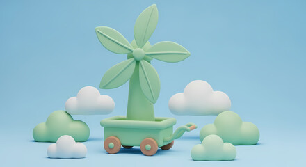 A stylized green wind turbine with five leafshaped blades placed inside a small toy wagon with brown wheels.
