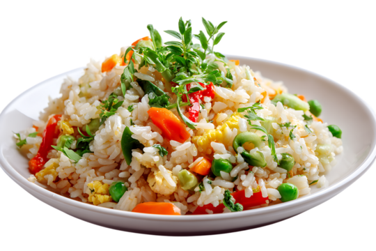 Delicious vegetable fried rice in a white bowl isolated on transparent background