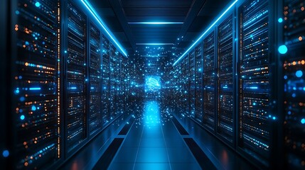 Data Center with Glowing Server Racks