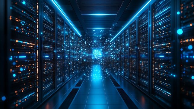 Data Center with Glowing Server Racks