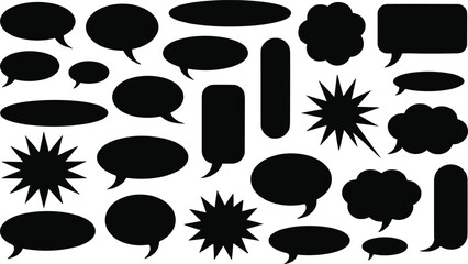 Black speech bubble silhouette set, comic talk cloud icons, blank text balloon shapes, cartoon style, vector isolated illustration, design