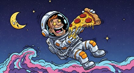 Fototapeta premium Cartoon astronaut floating in space while enjoying a large slice of pizza.