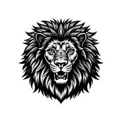 A striking black and white illustration of a lion's head, facing forward with a detailed mane and visible teeth.