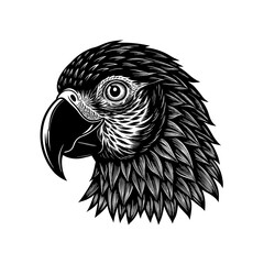 Detailed black and white illustration of a parrot head, showcasing its beak, feathers, and distinctive eye, isolated on white.