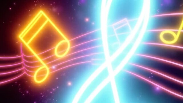 Colorful Neon Musical Notes Animation on a Starry Background for Music Videos
