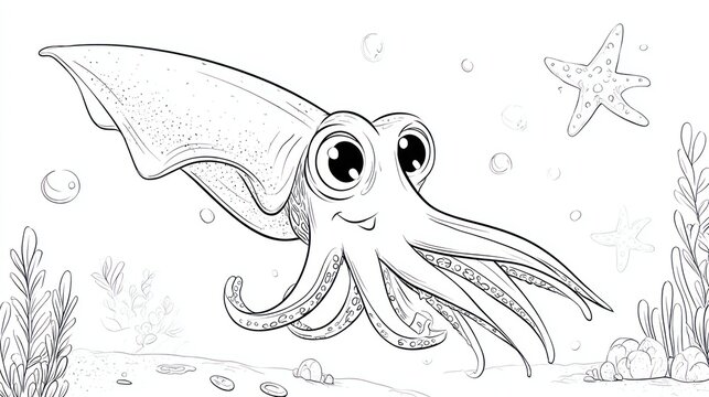 Cartoon cuttlefish swims in ocean with plants, starfish, outlined coloring page