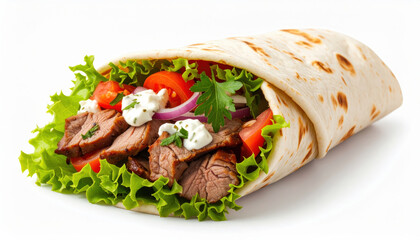 Delicious lamb gyro wrapped in flatbread with fresh vegetables and sauce, perfect for quick meal or snack