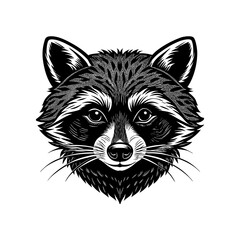 Detailed black and white illustration of a raccoon's face, showcasing its distinctive mask and textured fur.