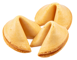 Stack of Three Fortune Cookies with One Slightly Cracked, Isolated Front Perspective