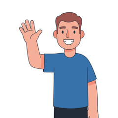 Cheerful young cartoon man with brown hair in a blue tshirt smiling and waving his hand in a friendly greeting.