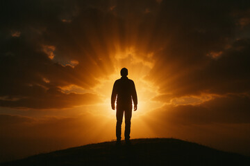 Silhouette of a person standing on a hill at sunrise, light breaking through clouds symbolizing hope.