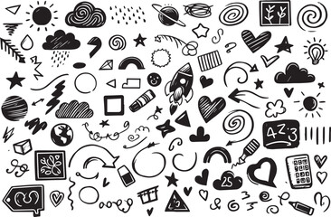 Naklejka premium Chalk scribble doodle elements set for poster, social media. Crayon handwritten doodles. Rough hand drawn marker sketch with brush grunge texture. Vector illustration of kids or teens pencil drawing
