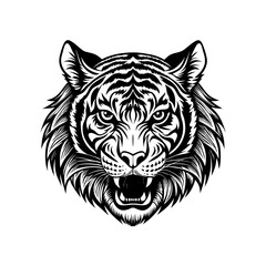 Striking monochrome illustration of a tiger's head, showcasing its fierce expression with sharp teeth and detailed fur patterns.