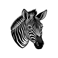 A detailed black and white illustration of a zebra head, showcasing its distinctive stripes and features.