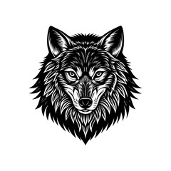 Detailed black and white illustration of a wolf's head with intense gaze and intricate fur details.