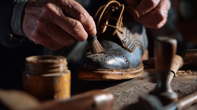 Cobbler's Hands Crafting Leather Shoe with Traditional Tools