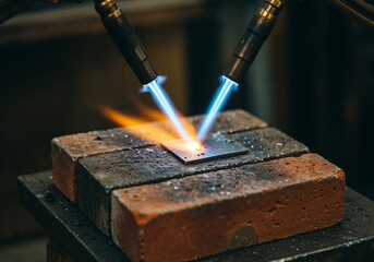Close-up of Jeweler Applying Torch Flame to Metal Plate for Jewelry Crafting