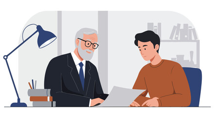 Doctor consults with a patient, examining paperwork in front of bookshelf