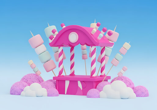 A whimsical pink candy carousel with striped poles and pastel marshmallow skewers.
