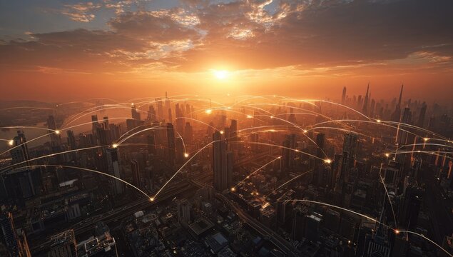 Aerial view of a futuristic city at sunset, connected by glowing network lines